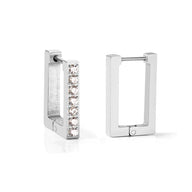 Pair of silver hoop earrings with embedded gemstones on a white background