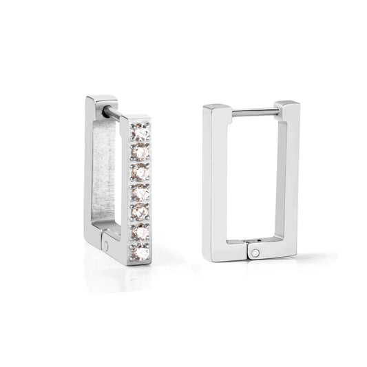 Pair of silver hoop earrings with embedded gemstones on a white background
