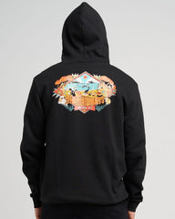 Black hoodie with a colorful graphic on the back against a gray background