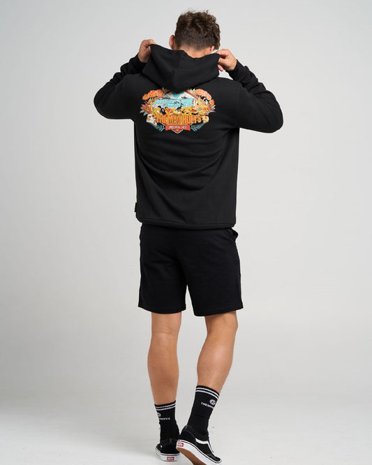 Person wearing a black hoodie with a colorful graphic on the back against a gray background