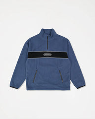 Blue fleece pullover with a black stripe on a light gray background