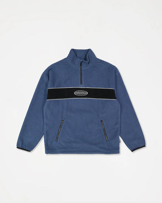 Blue fleece pullover with a black stripe on a light gray background