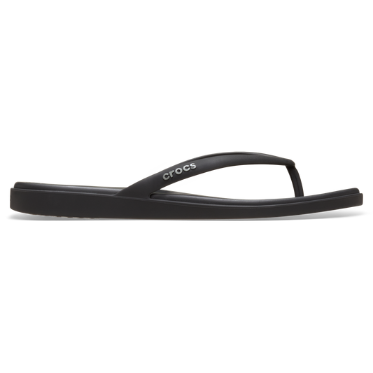 Black sandal with 'Crocs' branding on a white background