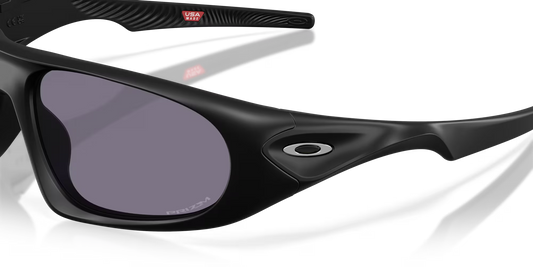 Black sunglasses with a reflective lens on a clear background