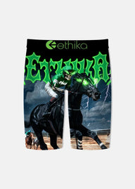 boys underwear with skeleton riding horse with green fire eyes with ethika logo on band  