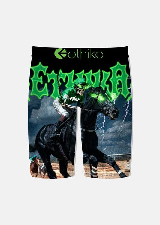 boys underwear with skeleton riding horse with green fire eyes with ethika logo on band  