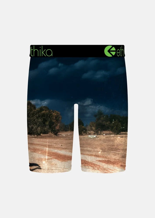 boys underwear with skeleton riding horse with green fire eyes with ethika logo on band  