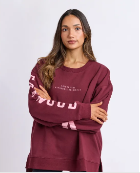 burgandy crew neck sweatshirt with pink writting