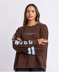 coffee bean coloured sweatshirt with light blue writing