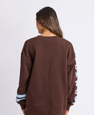coffee bean coloured sweatshirt with light blue writing