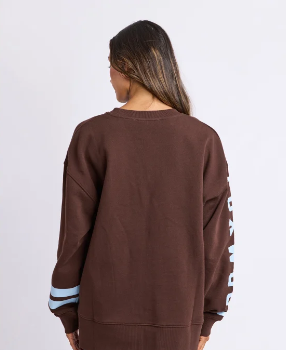 coffee bean coloured sweatshirt with light blue writing