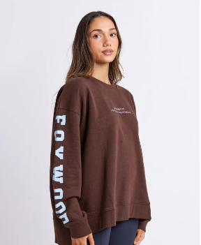 coffee bean coloured sweatshirt with light blue writing