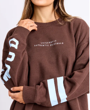 coffee bean coloured sweatshirt with light blue writing