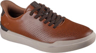 Brown leather sneaker with dark brown laces on a white background
