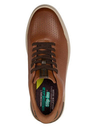Brown leather sneaker with visible brand logo on a white background