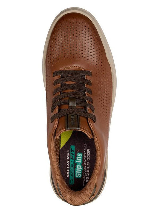 Brown leather sneaker with visible brand logo on a white background