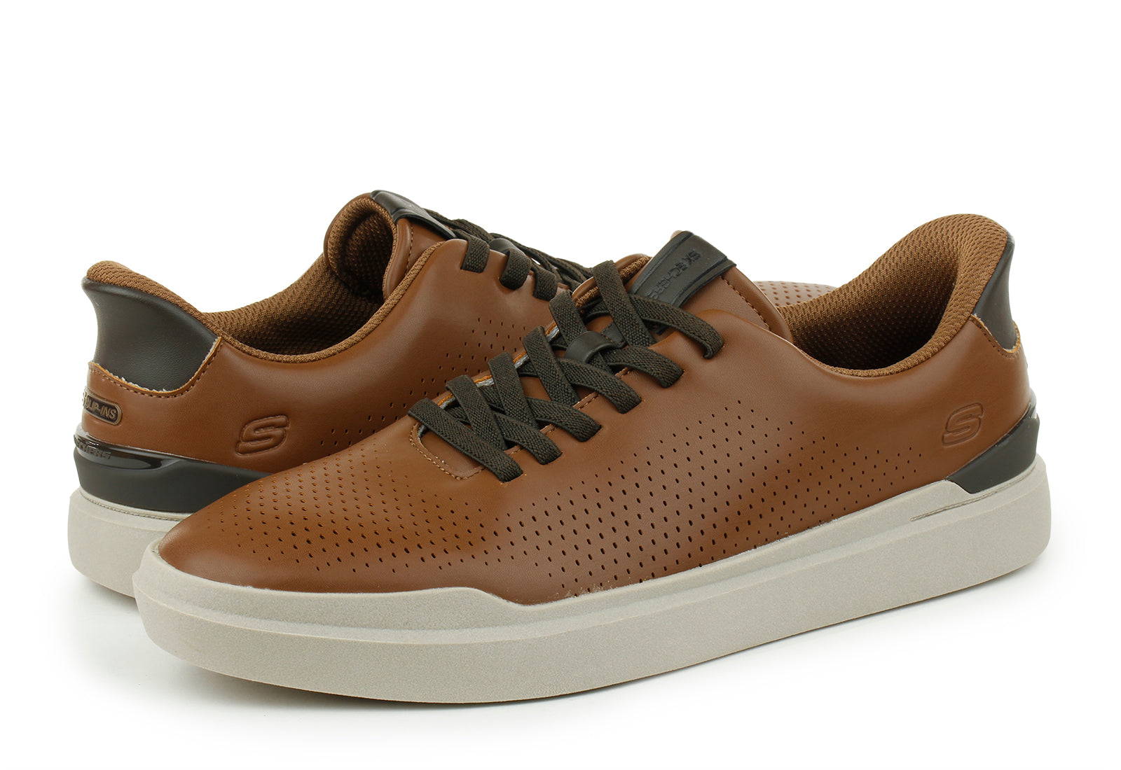 Brown leather sneakers with black laces on a white background