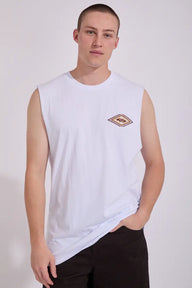 Man wearing a white sleeveless shirt with a small logo on a plain background
