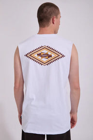 Man wearing a white sleeveless shirt with a geometric design on the back against a plain background
