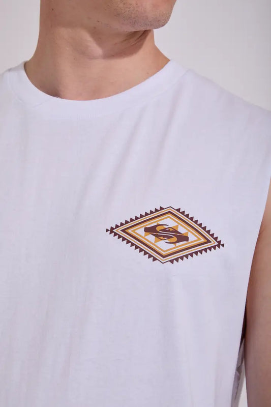 White sleeveless shirt with a geometric pattern on a plain background