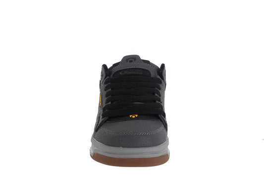 Gray and black sneaker with a visible brand logo on a white background
