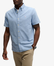 Man wearing a light blue short-sleeve shirt and beige pants on a white background
