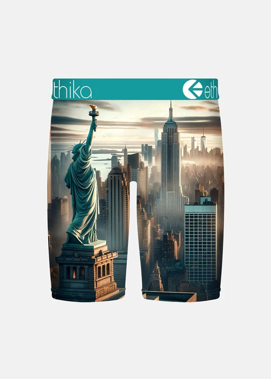 Boxer briefs with a design of the Statue of Liberty and city skyline, branded 'ethiko'.