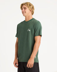 Man wearing a green t-shirt with a logo on a white background