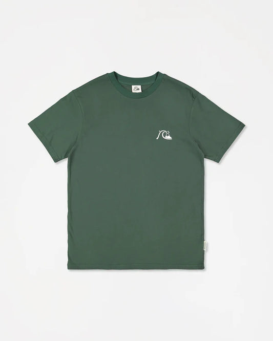 Green t-shirt with a small logo on a white background