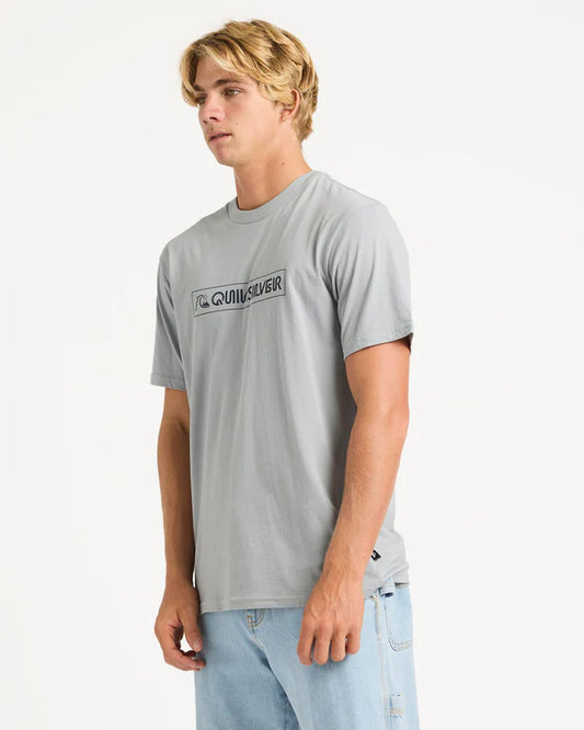 Man wearing a gray t-shirt with a quiksilver logo on a white background