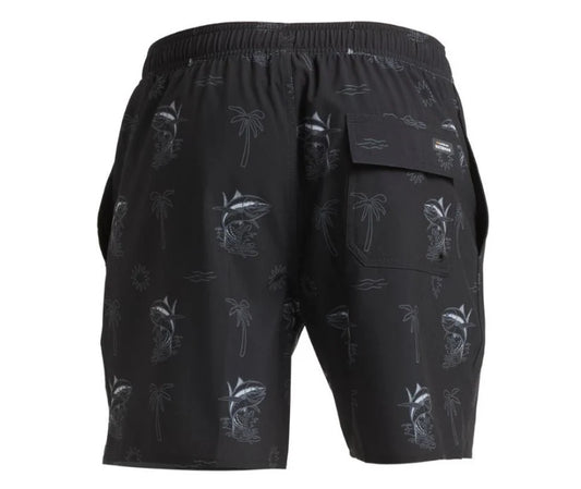 Black shorts with tropical pattern on a white background