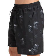 Black shorts with fish and palm tree pattern on a white background