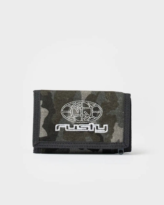 A camouflage bi-fold wallet with a white embroidered Rushy logo on the front, set against a plain light gray background.