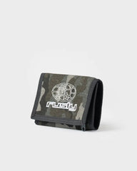 Camouflage wallet with 'Rusty' logo on a white background