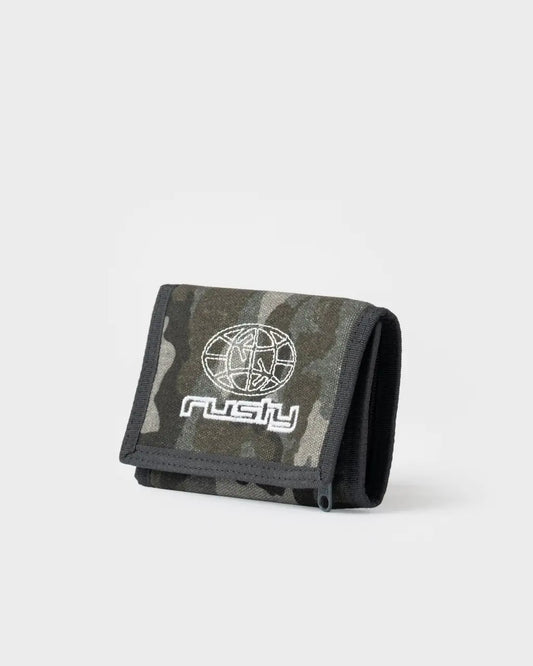 Camouflage wallet with 'Rusty' logo on a white background