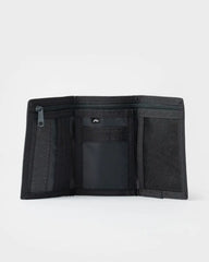 An open black bifold wallet with multiple interior compartments, including card slots, a zippered pocket, and a clear ID window, shown on a light gray background.