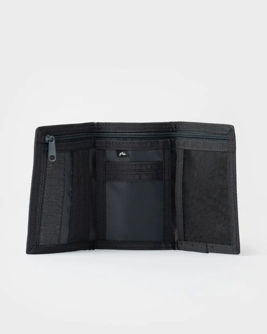 An open black bifold wallet with multiple interior compartments, including card slots, a zippered pocket, and a clear ID window, shown on a light gray background.