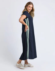 navy t-shirt dress with mint stripe down the side 
