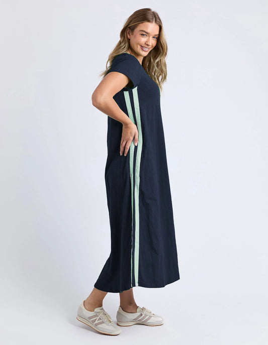 navy t-shirt dress with mint stripe down the side 