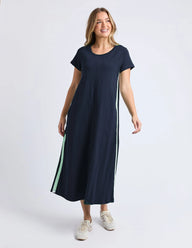 navy t-shirt dress with mint stripe down the side 