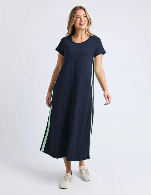 navy t-shirt dress with mint stripe down the side 