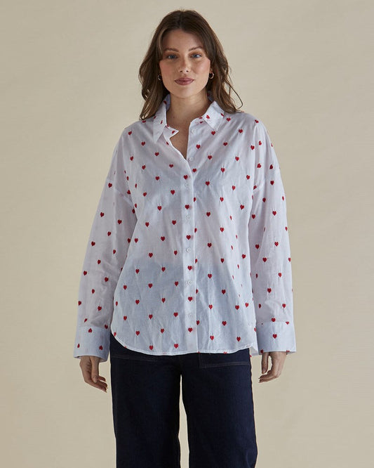Womans Sage Shirt Red Hearts/White