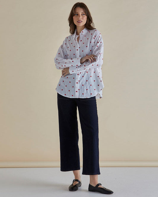 Womans Sage Shirt Red Hearts/White