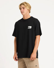 Person wearing a black t-shirt with a logo on a white background