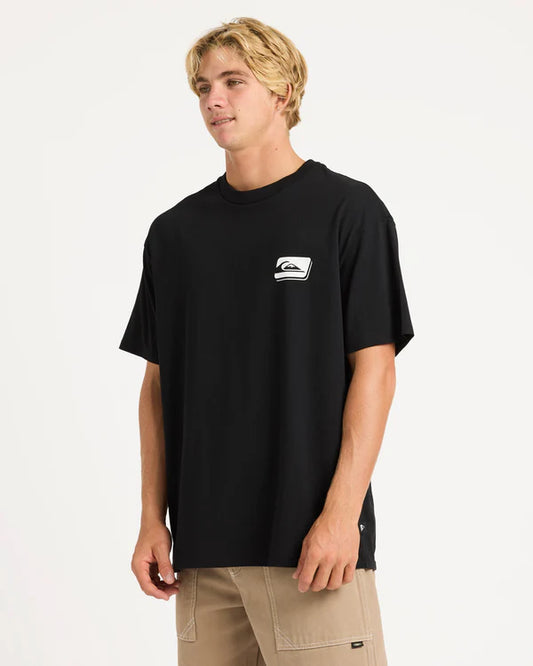 Person wearing a black t-shirt with a logo on a white background