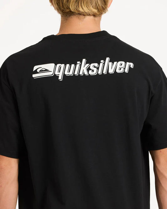 Black Quiksilver t-shirt worn by a person on a white background