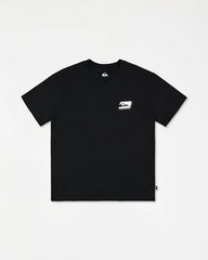 Black t-shirt with a logo on a light gray background