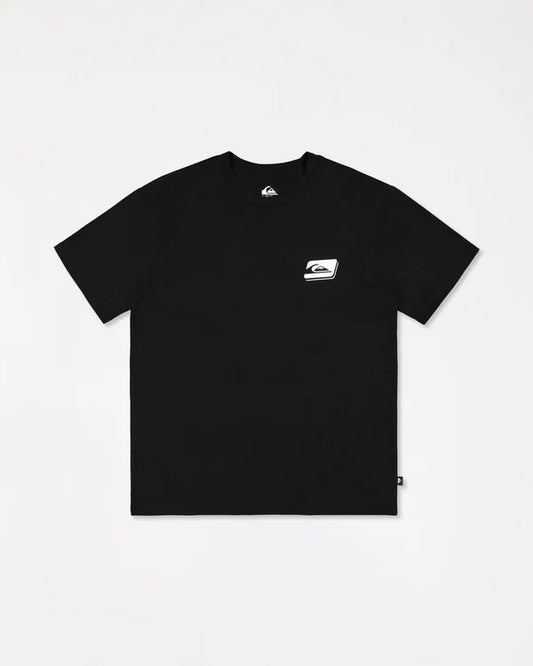 Black t-shirt with a logo on a light gray background