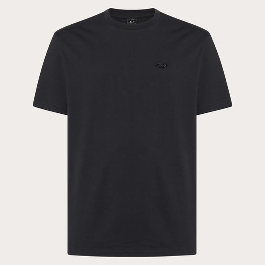 Black t-shirt with a small logo on a light gray background