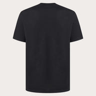 A plain black short-sleeve crewneck t-shirt shown from the back, displayed on a light beige background.